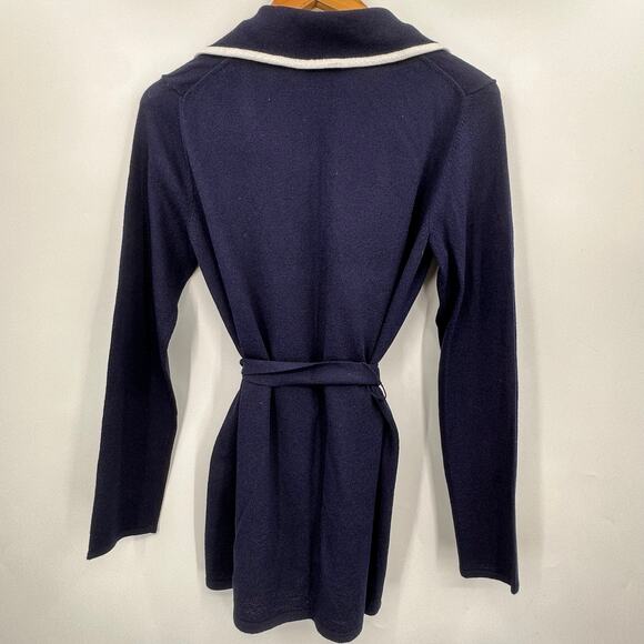 The Look Randolph Duke Belted Sweater Cardigan Jacket Womens XS Navy Blue White - Picture 3 of 6